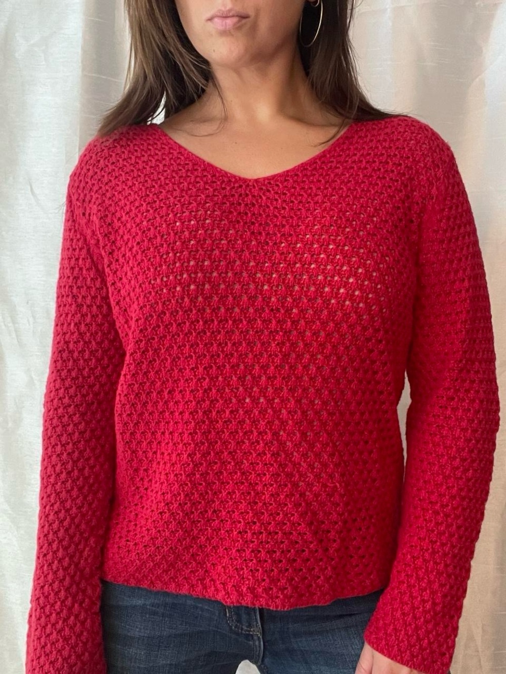 CB Casual Crochet Sweater Women's Medium Red Open Knit V-Neck Pullover Boho Y2K